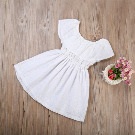 Toddler Kids Baby Girl Hollow Ruffle Off Shoulder Lace Mini Dress White Summer Outfit